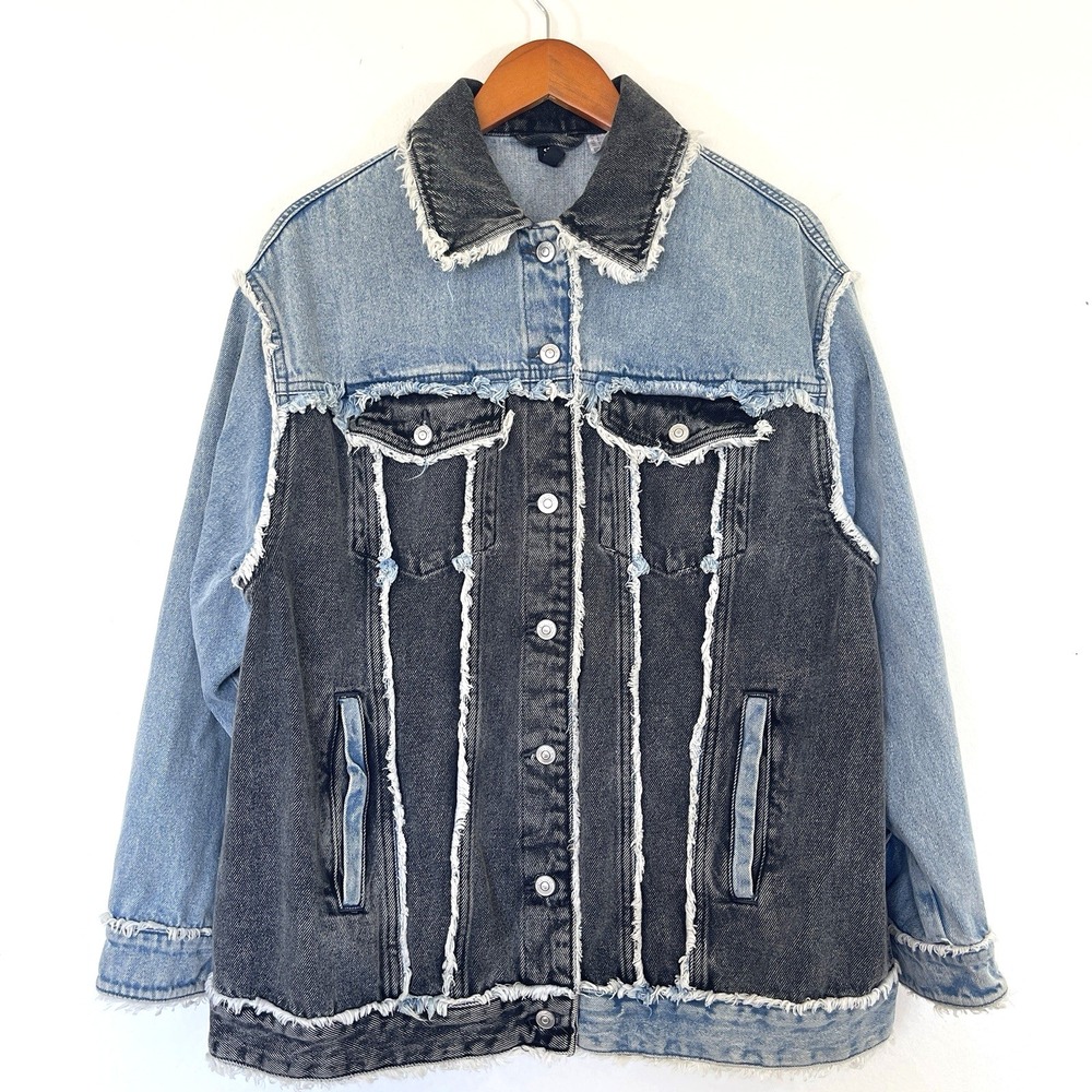 H&M Divided Boxy Frayed Trucker Denim Jacket Size S‎ Black/Blue Oversized Unisex